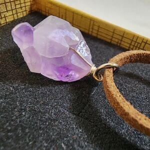 Raw Amethyst Crystal Pendant Necklace on Brown Suede Cord